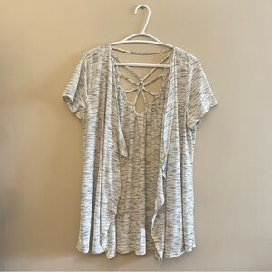 Maurices Short Sleeve Oatmeal Waterfall Cardigan Strappy Back